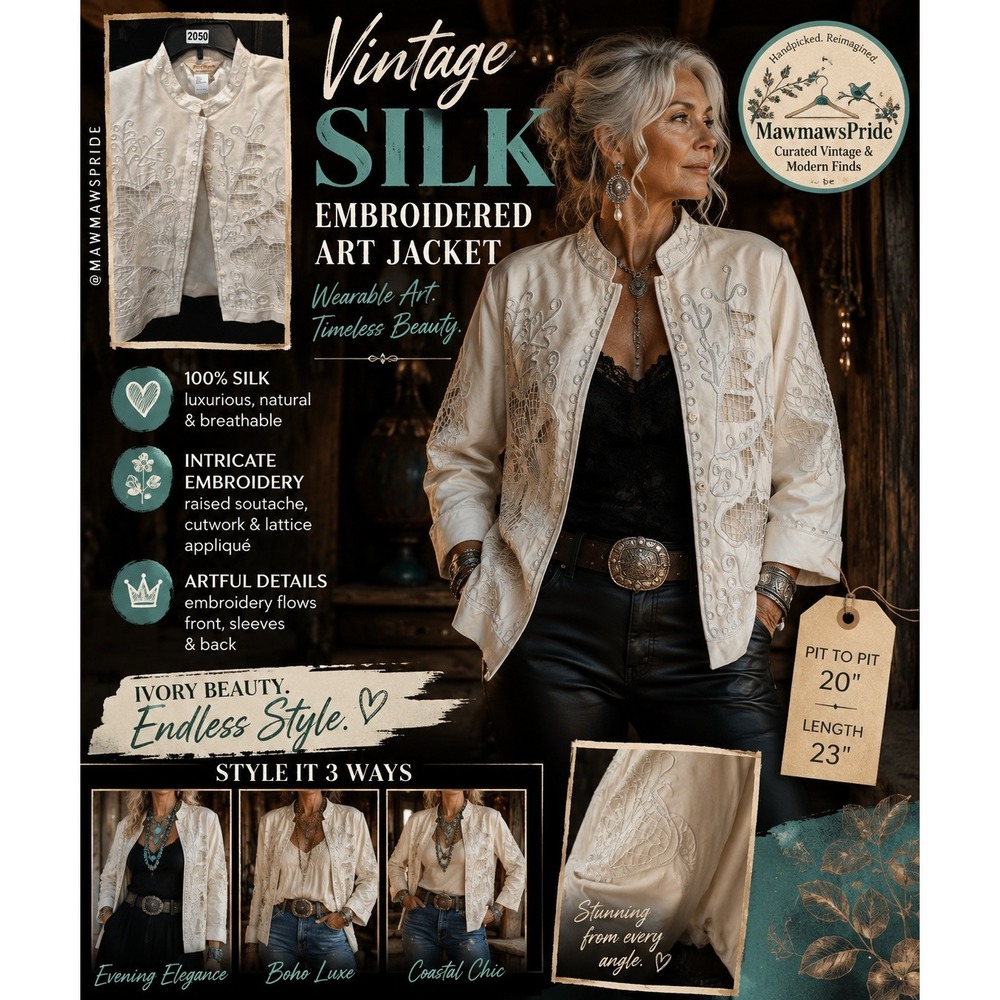 Vintage 90s Ivory 100% Silk Embroidered Art Jacket Cutwork Soutache PM Boho